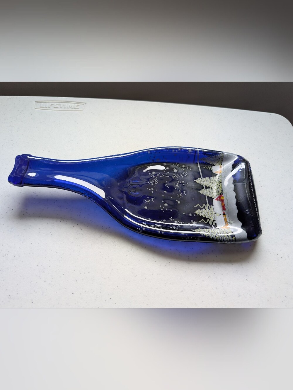 Cobalt Blue Holiday Melted Glass Wine Bottle Serving Tray, Winter Village Scene